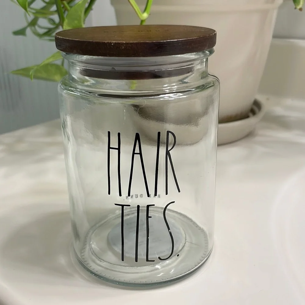 RAE DUNN Hair Ties Glass Container with Wood Lid NWT
